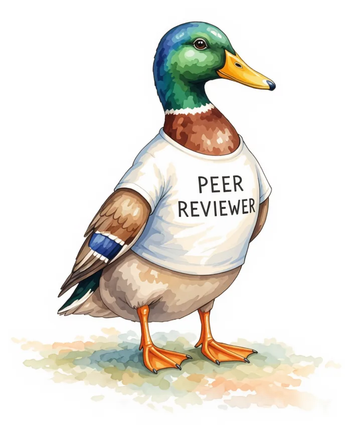 A watercolor illustration of a mallard duck with a green head, yellow bill, orange feet, and a blue patch on its wing, wearing a white t-shirt that says PEER REVIEWER, with a whisper of a pond behind him.