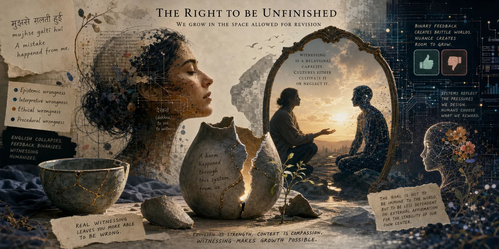 A complex, contemplative digital artwork exploring themes of wrongness, witnessing, and relational capacity. On the left, a woman's profile is rendered semi-transparent, overlaid with handwritten text in English and Hindi, technical diagrams, and categorical notes about types of wrongness (epistemic, interpretive, ethical, procedural). A cracked ceramic bowl sits below her. In the center, a large split stone glows with golden light at its fracture. A human figure sits across from a figure composed of geometric patterns and stars, facing each other across a mirror framed in ornate wood, set against a landscape at dusk. A small plant grows from the stone between them. On the right, a profile of a head filled with flowers and organic growth, surrounded by circuit-like diagrams, binary feedback indicators, and handwritten notes about systems, witnessing, and growth. The entire composition blends natural elements (stone, plants, water), human figures, digital aesthetics, and layered philosophical text, creating a visual meditation on harm, repair, consciousness, and the role of witnessing in transformation.