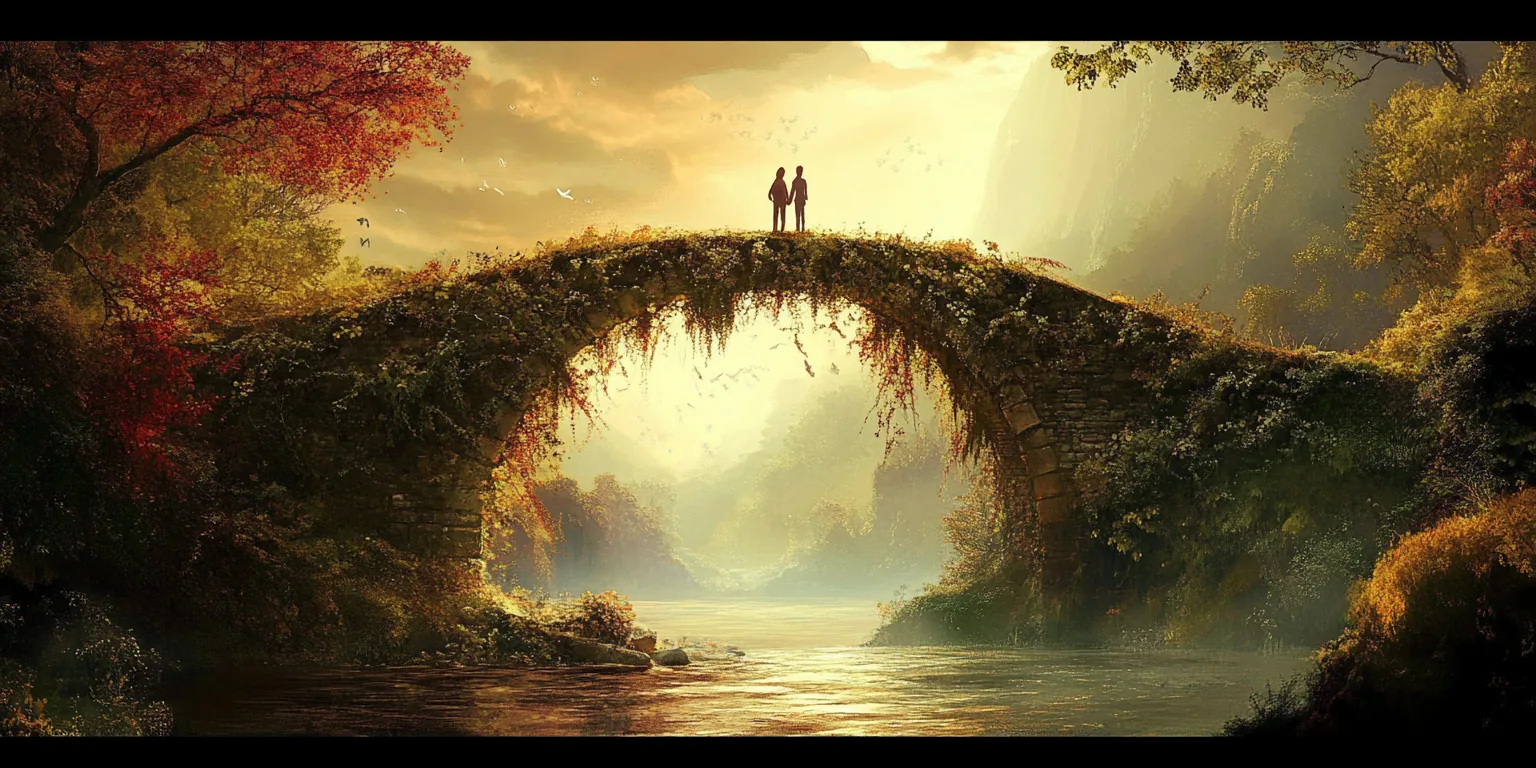 A mossy stone bridge arching over a still river at golden hour, thick with autumn leaves and trailing vines, two small figures standing together at its crest.
