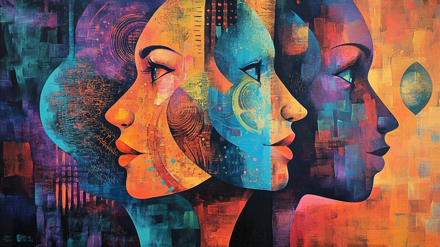 A vivid painting of four faces in profile, overlapping and layered in orange, blue, purple and red, each one partly made of the colours of the others.