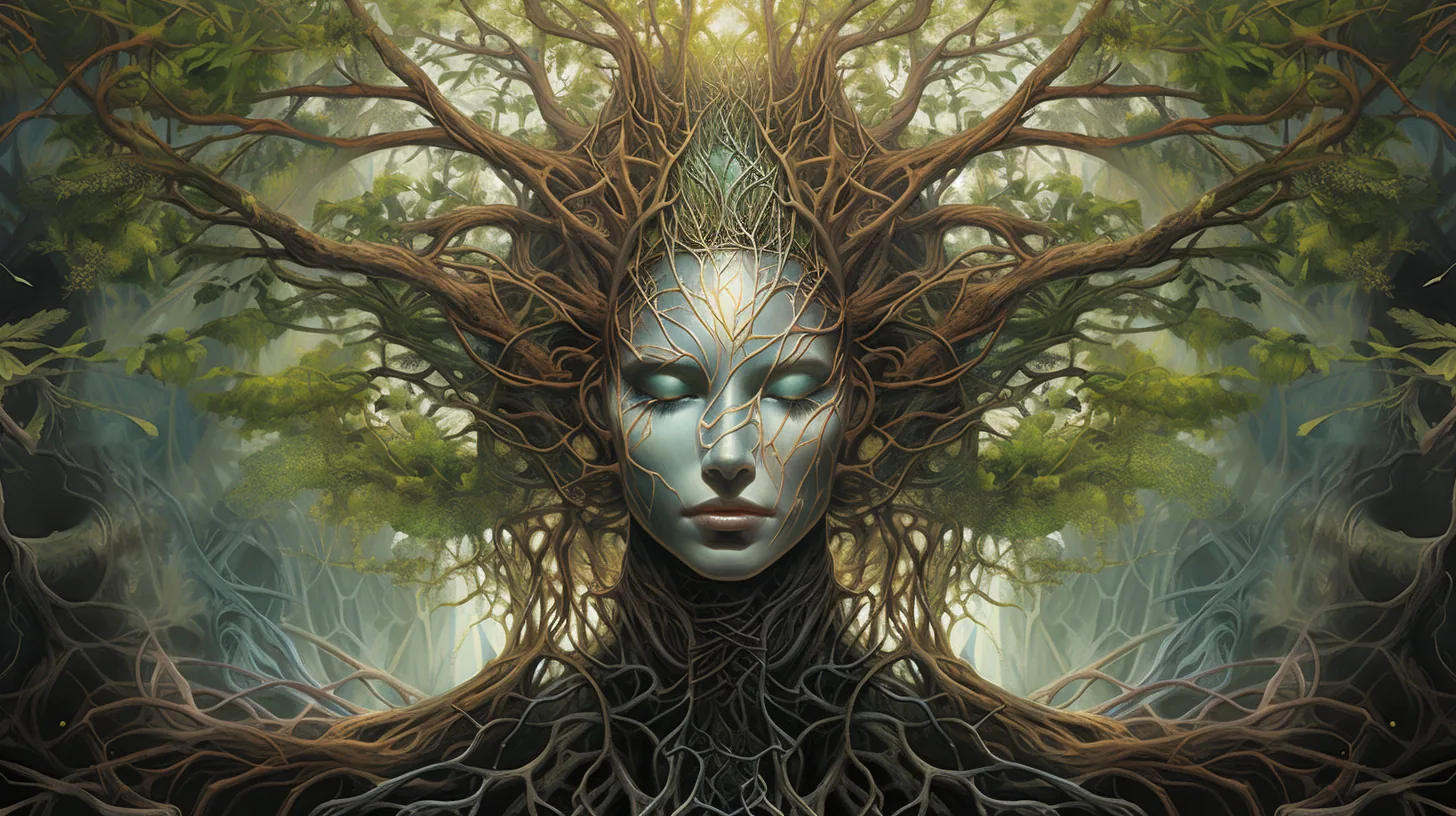 A serene blue-skinned face at the centre of an enormous tree, its branches and fine roots spreading symmetrically outward into a misty green forest. Golden root-lines trace across the face itself.