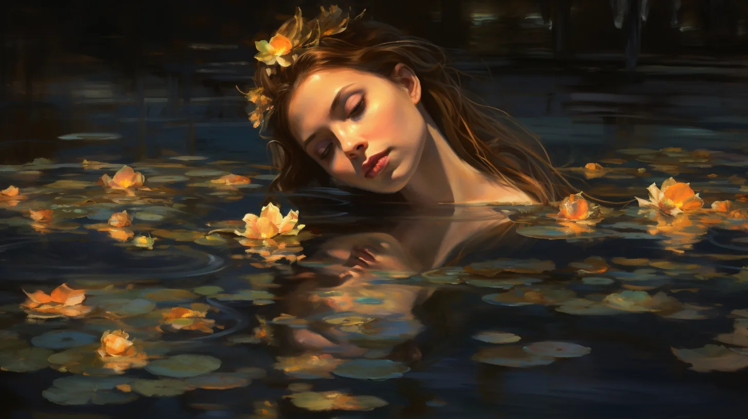 A woman floating on her back in dark water at night, eyes closed, her hair spread around her, surrounded by lily pads and glowing amber blossoms.