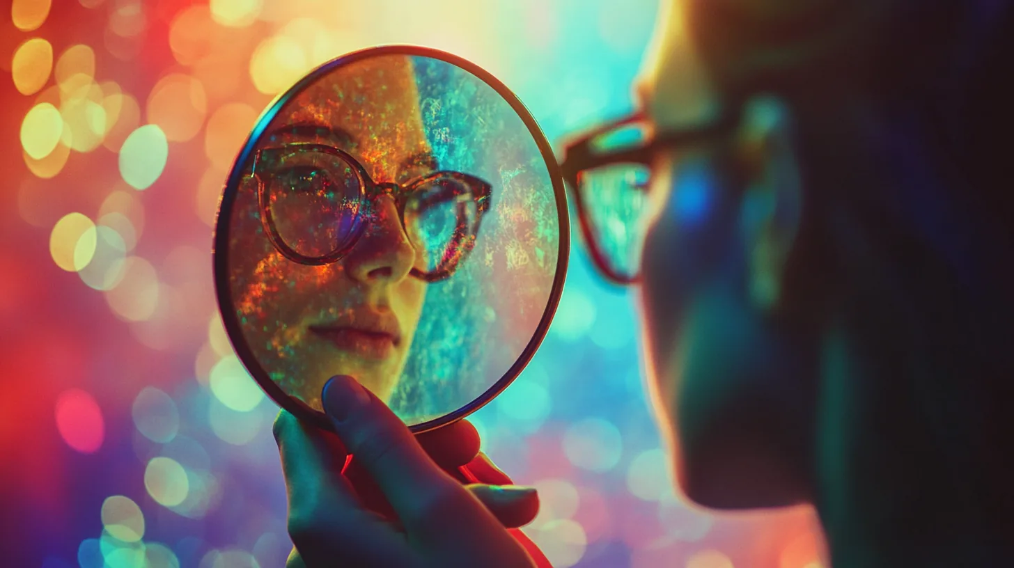A person in glasses holding up a small round mirror and looking into it. The reflection is washed in shifting colour, against a background of bokeh lights.