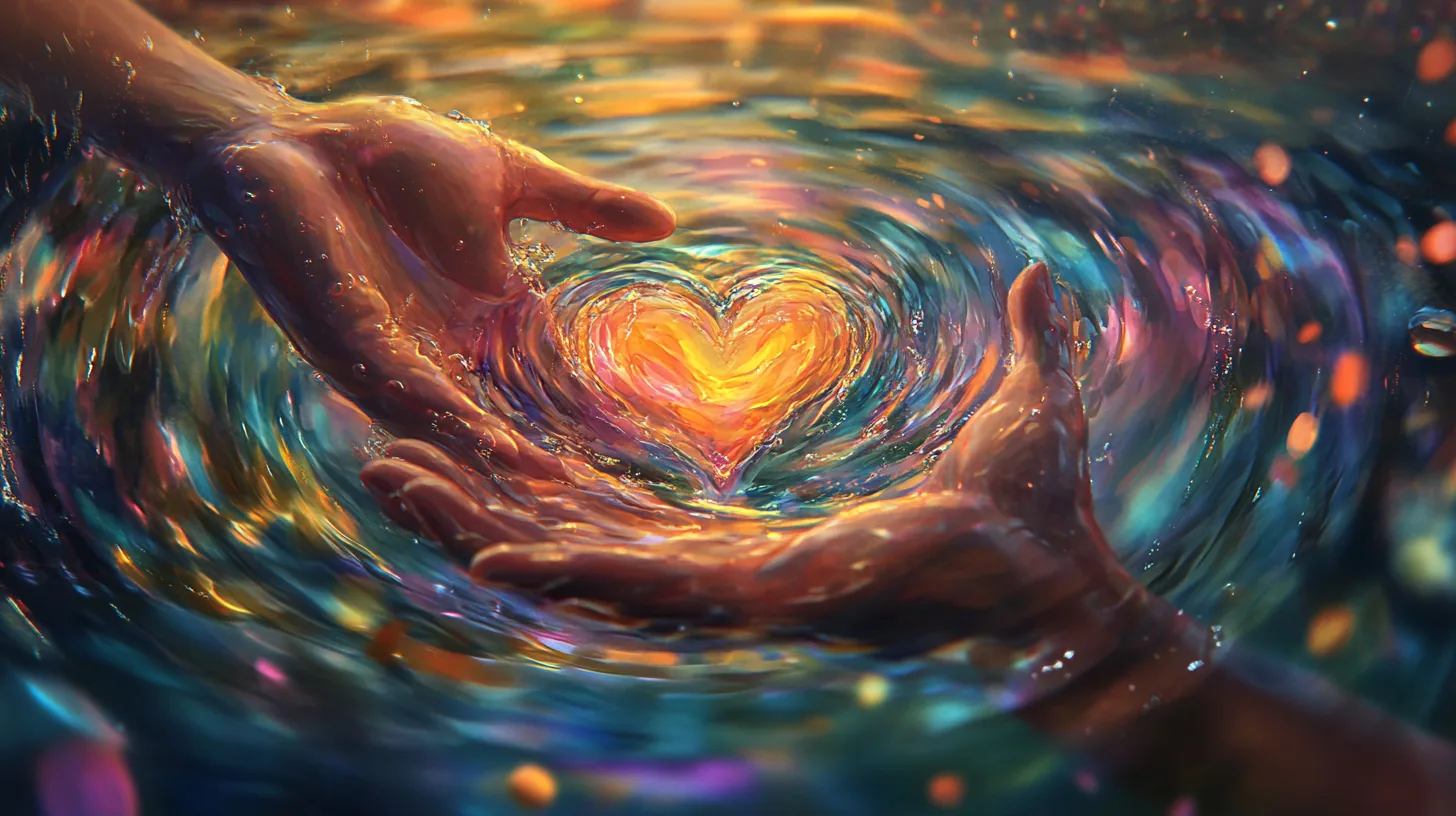Two hands cupped together just above rippling, iridescent water, holding a glowing golden heart at the centre of the rings spreading outward.
