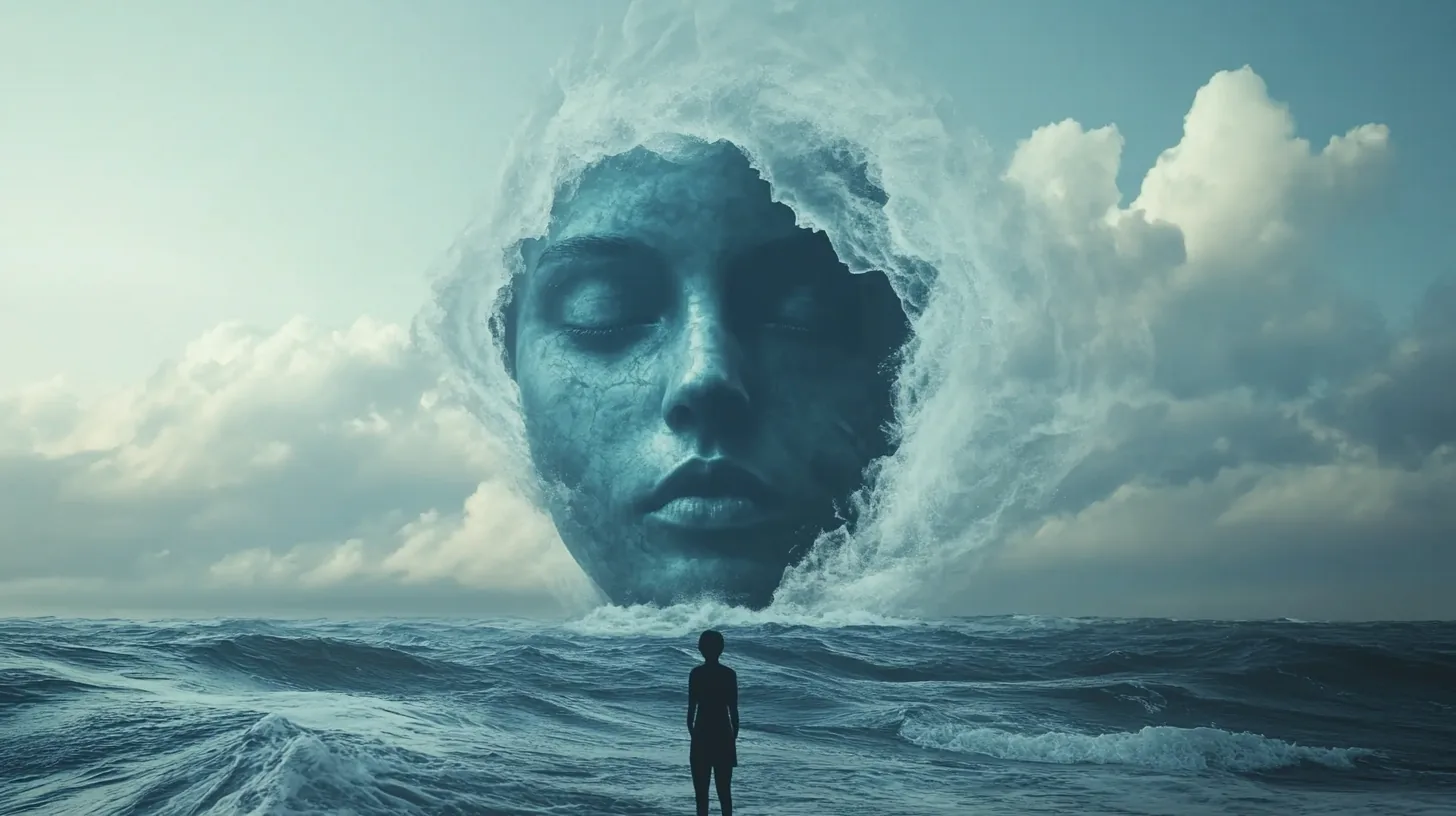 A vast face made of seawater rising out of a grey ocean, eyes closed, while a small dark human figure stands at the shoreline looking up at it.