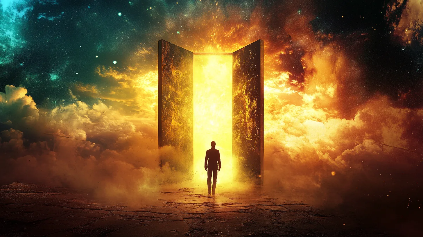 A silhouetted figure standing before a pair of tall doors opening onto blinding golden light, with dark cloud and starfield on either side.