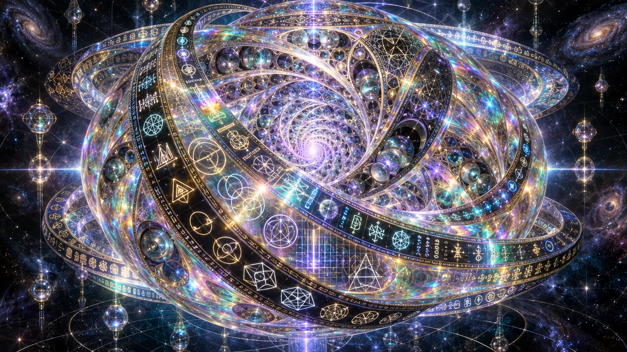 A vast iridescent sphere made of tilted, interlocking glass rings floats in a starry purple sky. Bands of dark glass circle it, inscribed with glowing gold and teal symbols: sacred geometry, triangles, circles within circles. Inside, a luminous spiral path winds toward a bright center, surrounded by small glass orbs like rooms. Strings of glowing beads hang around it, and galaxies drift in the corners.