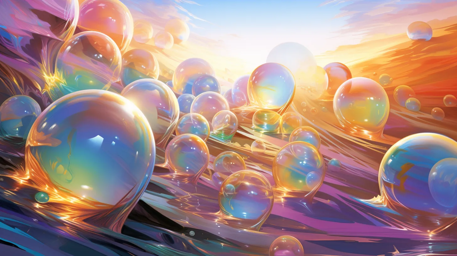 An abstract painting of dozens of luminous, iridescent spheres drifting over flowing bands of colour, lit from behind by a warm sunrise that shades from blue into orange and violet.