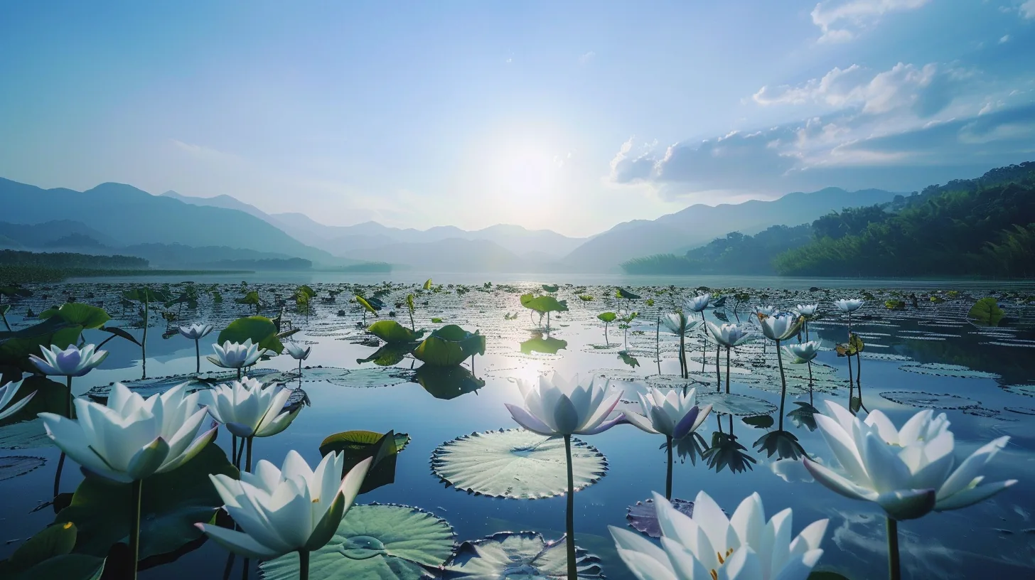 A wide, still lake covered in white lotus flowers and flat lily pads, opening toward low blue mountains with the sun burning pale just above the far shore.