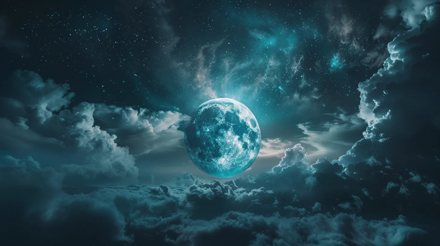 A full moon, lit turquoise, hanging in a break between towering banks of cloud. Stars and a faint nebula spread across the dark sky above it.