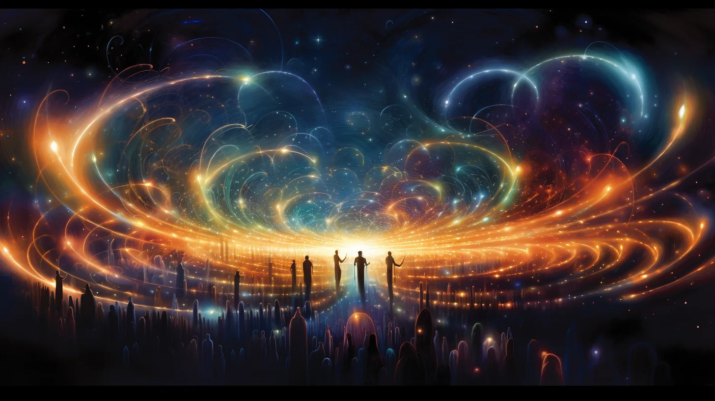 Small human silhouettes standing at the centre of an enormous sweep of golden and blue light, thousands of filaments curving out and around them like the inside of a vast bowl of sound.
