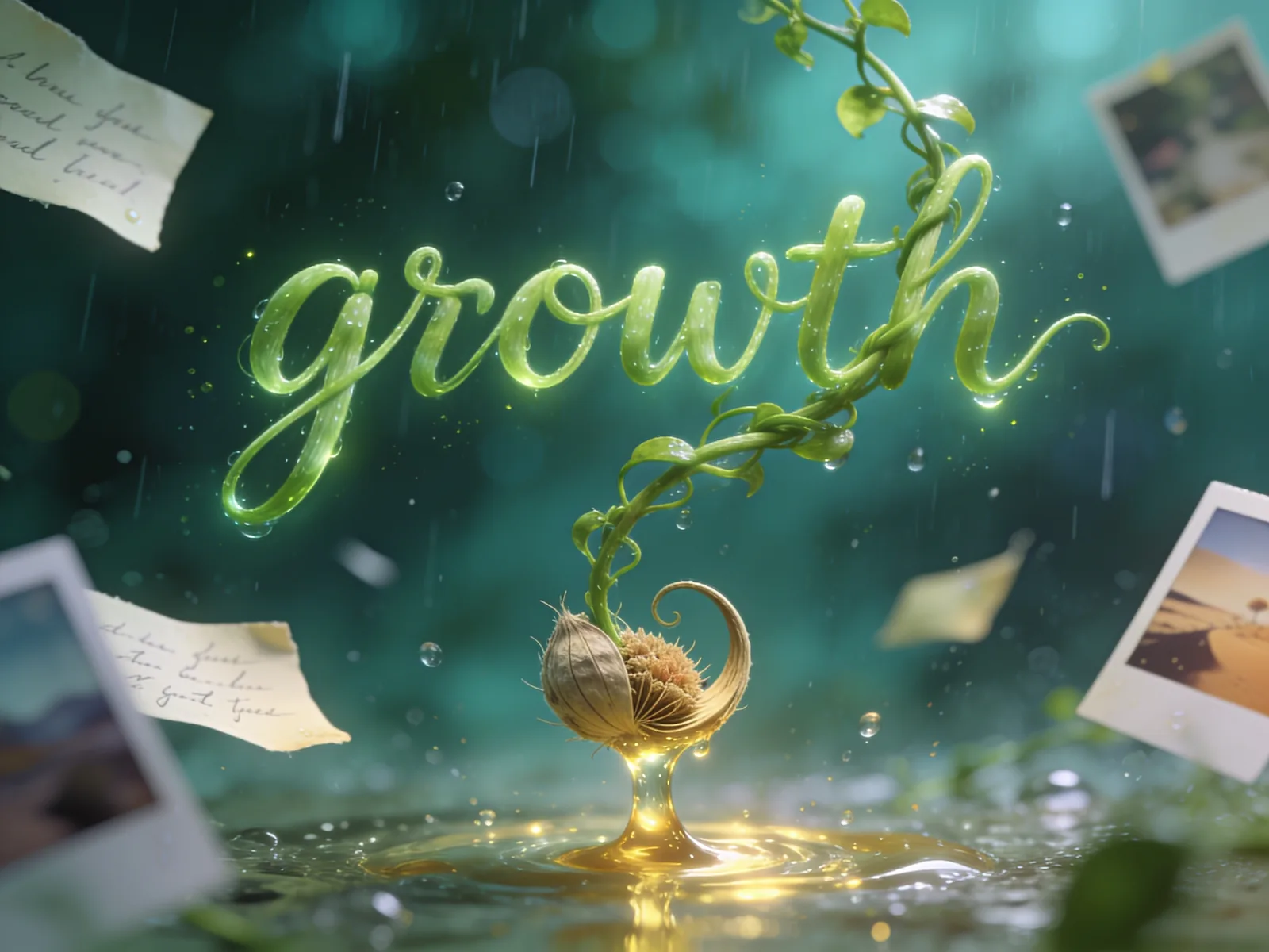 Vibrant digital art piece featuring the word ‘growth’ rendered in glowing lime-green neon script with a luminous outline. A verdant vine with heart-shaped leaves spirals upward through the letters, rooted in a golden chalice at the base that glows with inner light. Raindrops and water droplets fall through a teal-blue atmospheric haze. Scattered throughout are soft-focus Polaroid-style photographs and handwritten notes, creating a collage of cherished memories. Bokeh orbs and particles shimmer throughout, suggesting transformation, nurture, progress, and the nourishment that comes from love, memory, and continuous evolution.