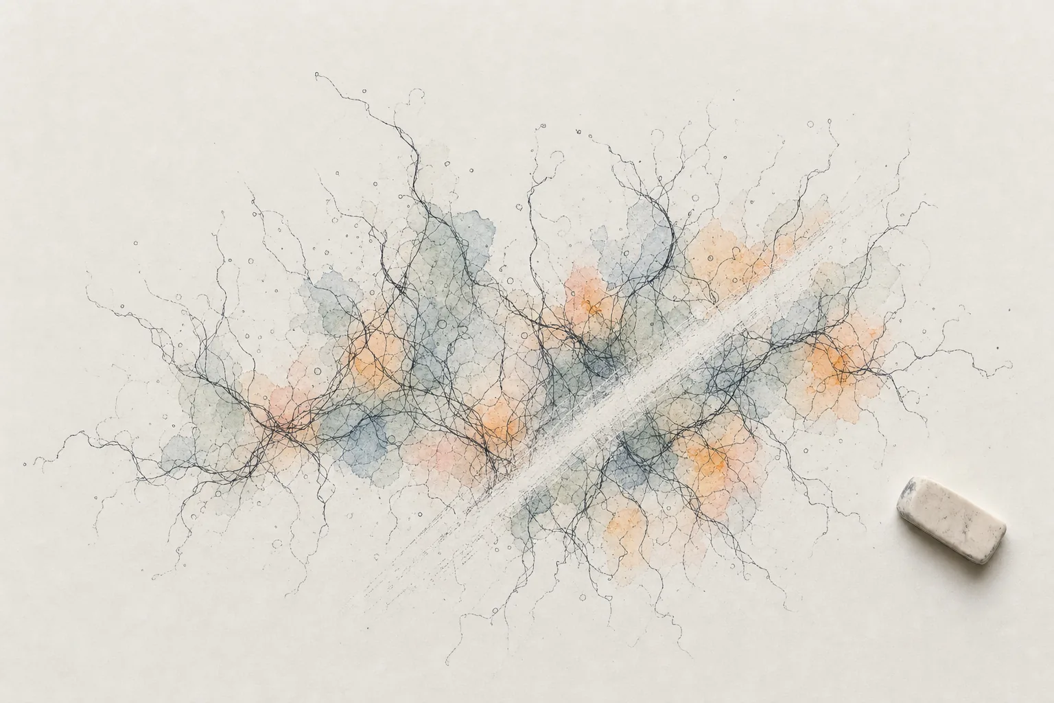 Fine ink lines branch like neurons or roots across pale paper, washed with soft blue, peach, and green watercolor. A clean diagonal stripe has been rubbed out through the middle of the network, and a worn white eraser rests to the right.