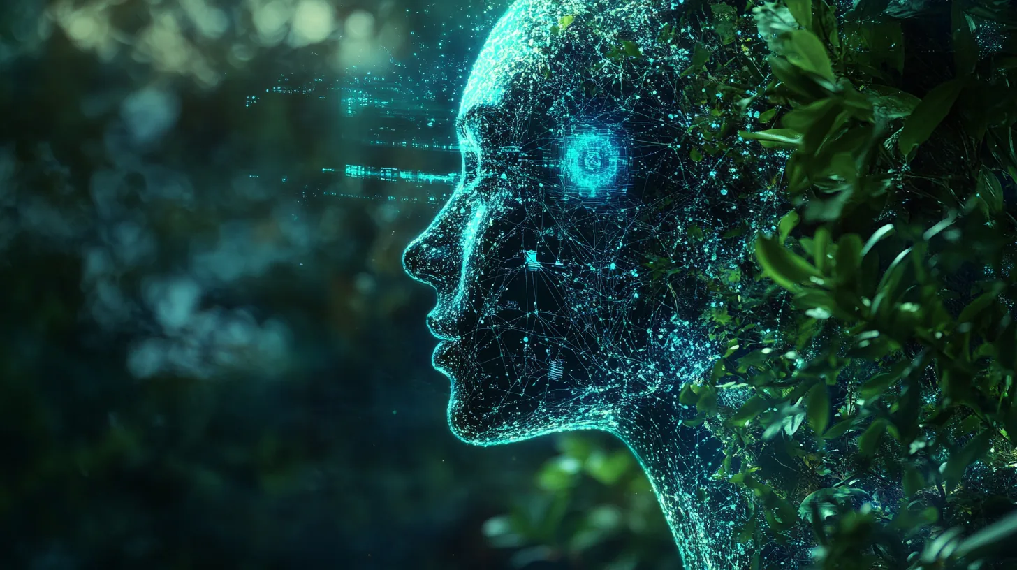 A human face in profile drawn entirely in glowing cyan points and connecting lines, emerging from dense green foliage, with a small circular sensor lit at the temple.