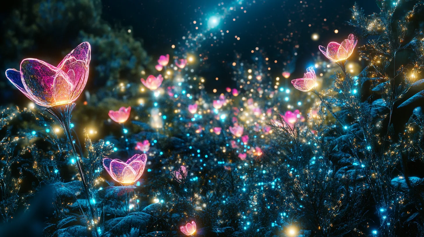 A night garden lit from within: translucent flowers in magenta and rose glowing above dark blue-green foliage, with thousands of small cyan and gold points of light scattered through the leaves and drifting upward.