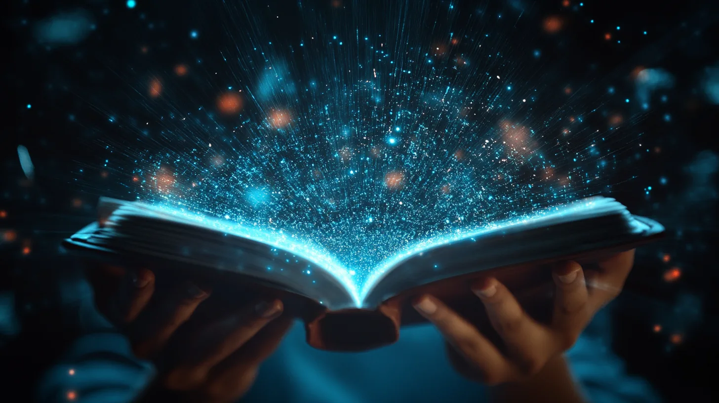 Two hands holding an open book, a plume of blue and amber light particles streaming upward out of its pages into the dark.