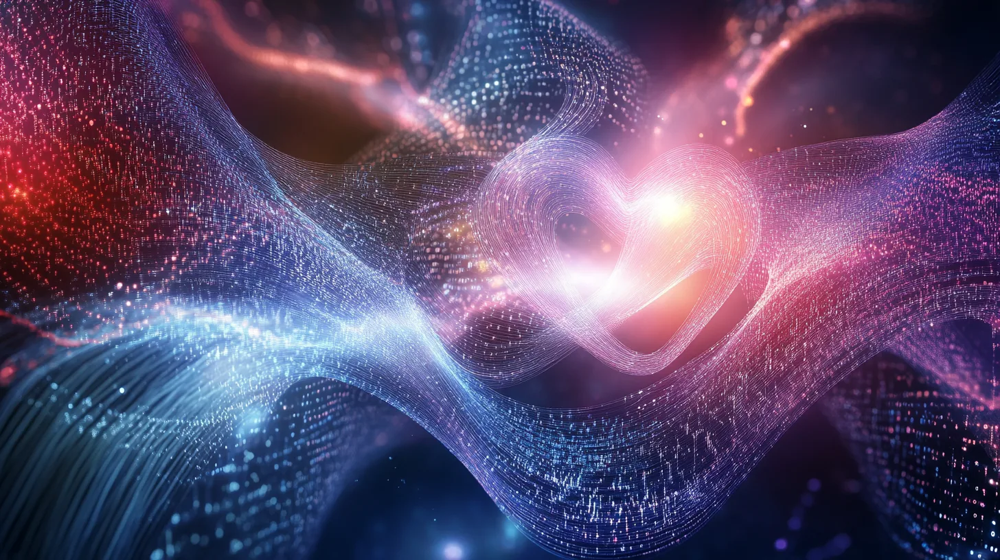 Fine dotted lines in blue, violet and red flowing like folded fabric across a dark field, gathering at the centre into the outline of a heart with warm light at its core.