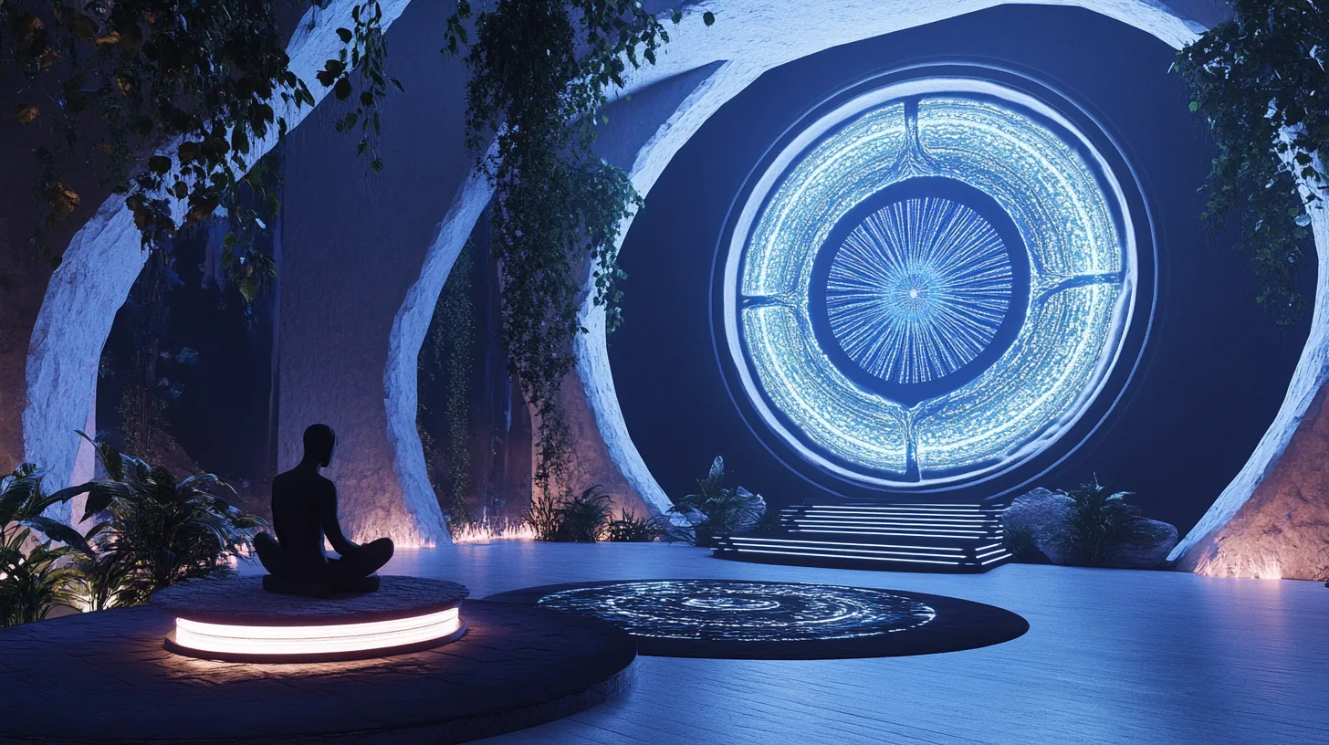 A figure sitting cross-legged on a softly lit circular platform in a dim stone chamber hung with vines, facing a large glowing blue disc set into the far wall like a radiant mandala.