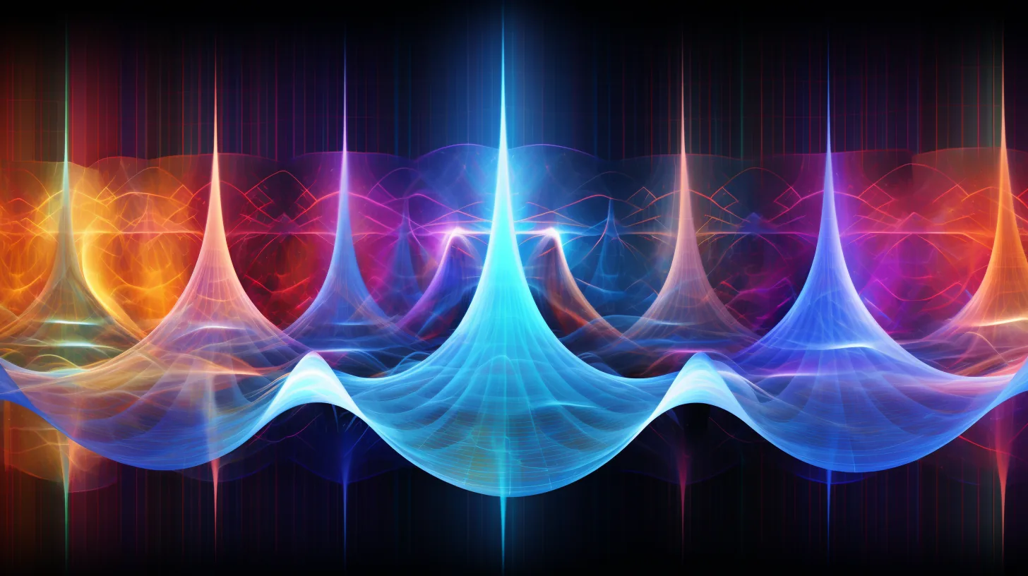 Luminous wave peaks in blue, orange, magenta and violet rising and overlapping against black, like interference patterns traced in light.