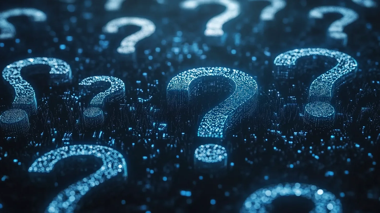 Rows of three-dimensional question marks built from glowing blue points of light, standing in a dark field and receding into the distance.