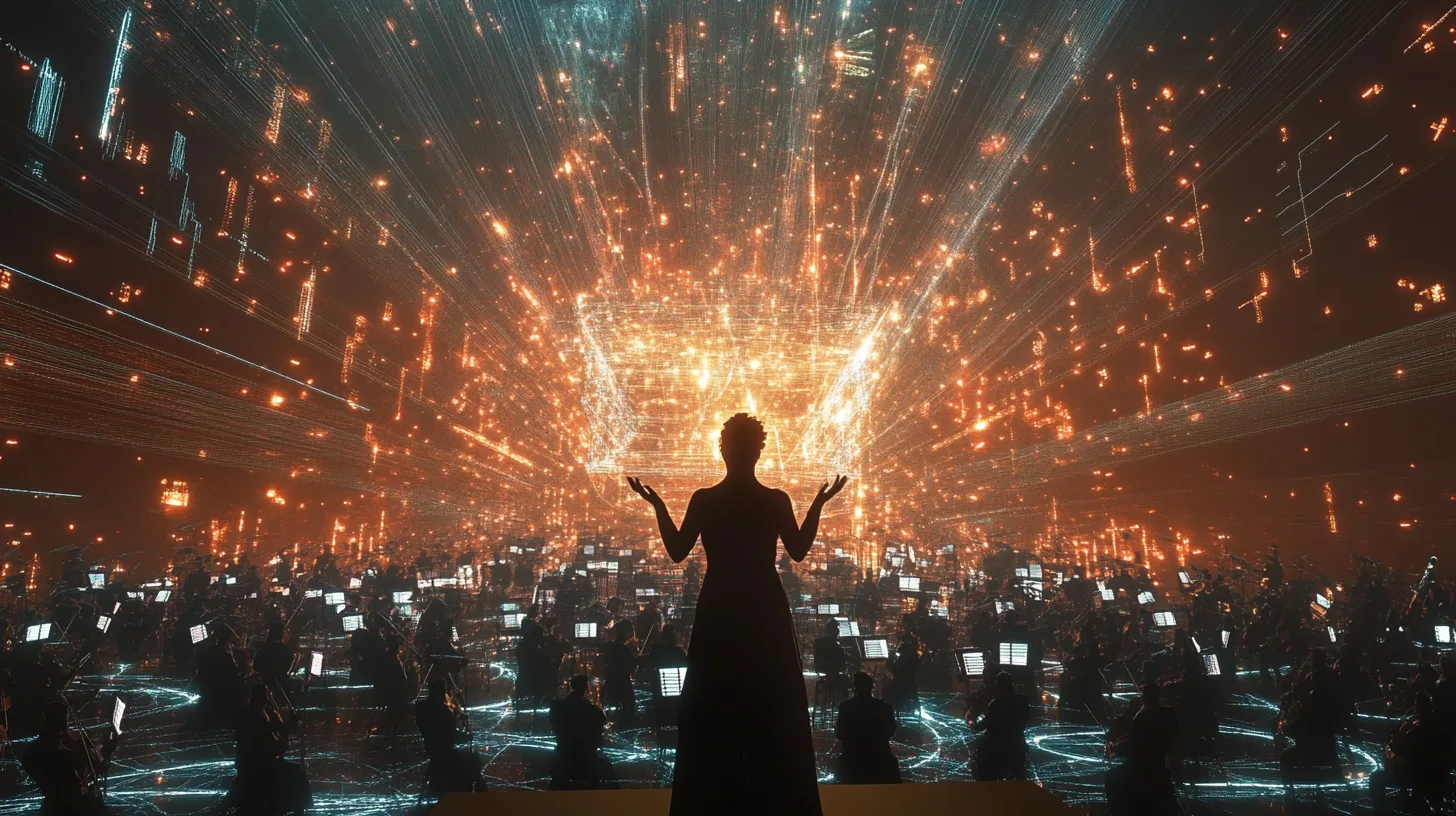 A conductor in silhouette, both arms raised, before a vast orchestra seated at lit music stands. Above them an enormous burst of orange and gold light streams outward in fine lines.