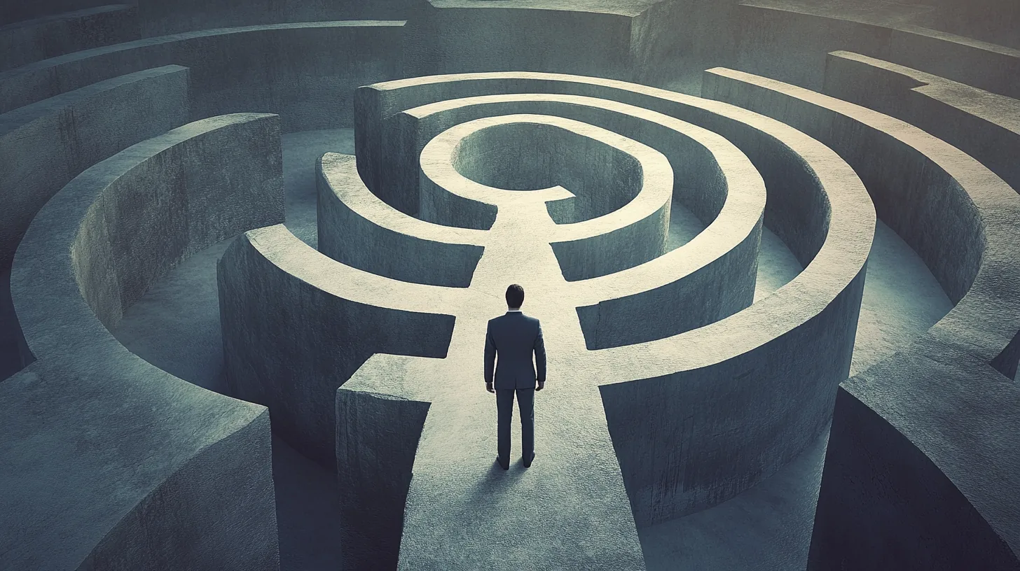 A man in a dark suit, seen from behind, standing alone at the opening of a vast circular concrete maze, viewed from above in muted blue-grey light.