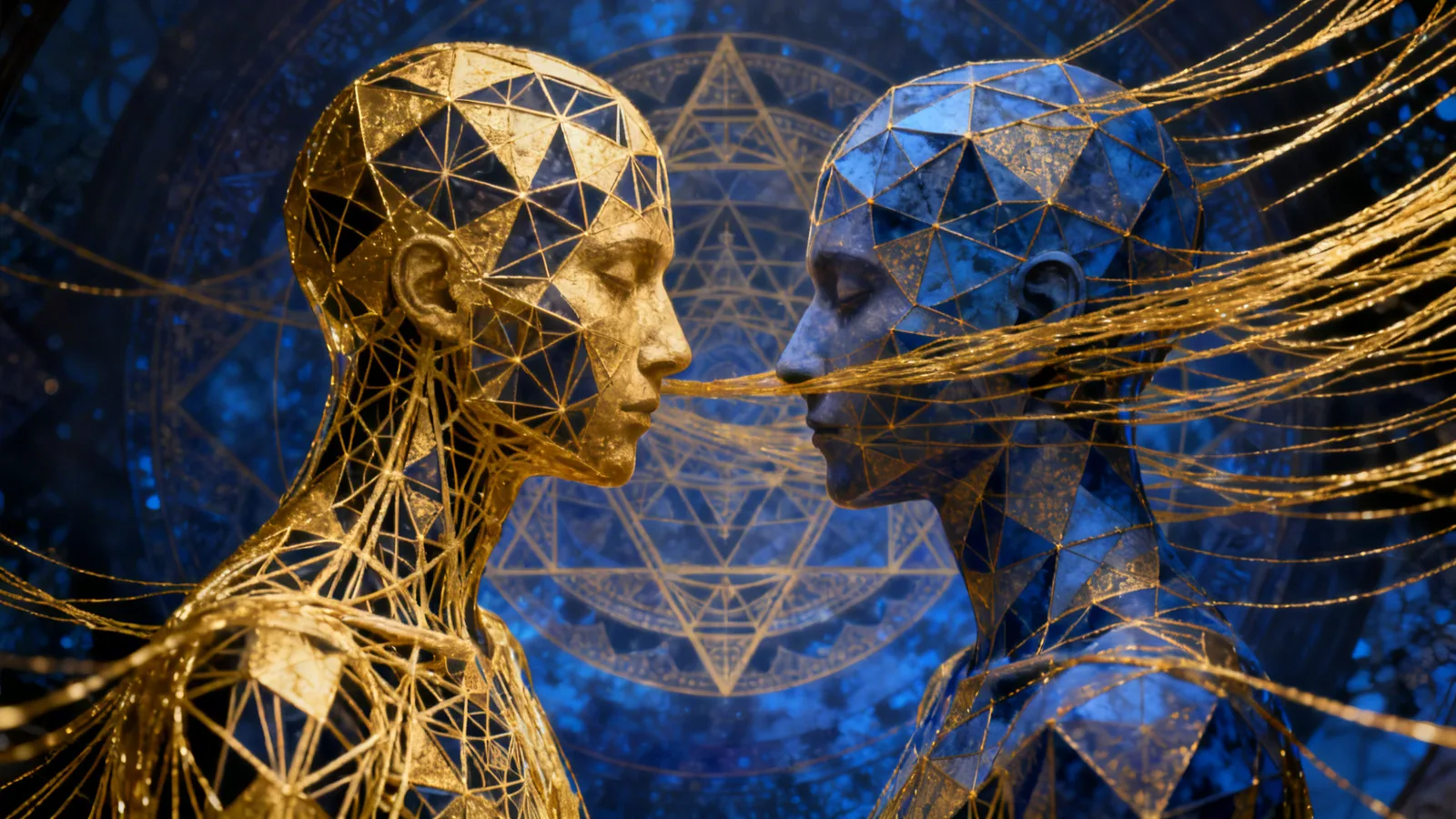 A digital artwork of two faceted, geometric human figures shown in profile, facing each other with their eyes closed. The figure on the left is gold, the one on the right deep blue, both built from triangular facets. Fine gold threads stream between and behind them, and a mandala of interlocking triangles glows in the space between their faces.
