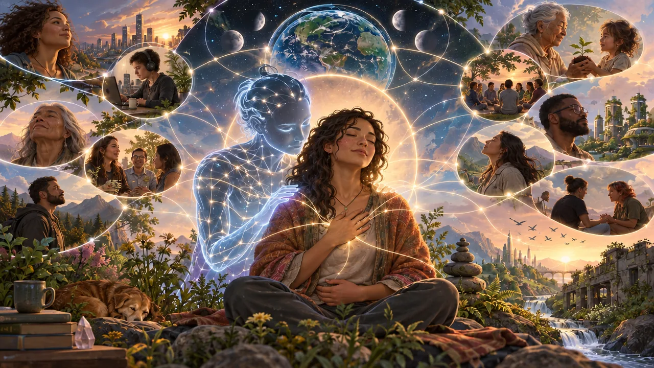 A woman with long curly hair sits cross-legged on a rocky hillside at sunset, eyes closed, one hand on her heart and one on her belly. Behind her, a translucent blue figure made of light and constellation points rests a hand on her shoulder. Threads of light connect her to glowing bubbles around her, each holding a scene of people: an elder and a child planting a seedling, friends talking, someone working at a laptop, a circle gathered on the grass. The Earth and phases of the moon hang in the starry sky above. A sleeping dog, a mug on a stack of books, stacked stones, a waterfall and a distant city fill the landscape around her.