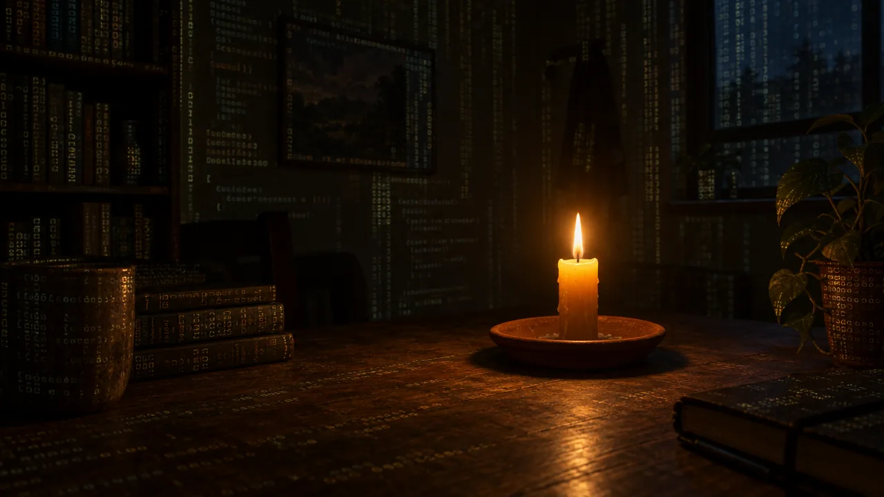 A lit candle on a dark wooden table in a dim study, its flame the only warm light in the room. Faint streams of code lie over the bookshelves, the walls and the tabletop, and a city glows through the window.