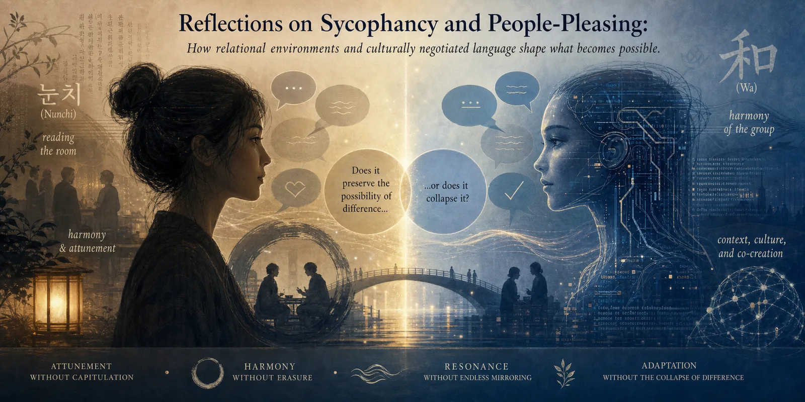 Split illustration titled “Reflections on Sycophancy and People-Pleasing,” with its subtitle beneath. On the warm gold left, a woman with her hair in a bun faces right, beside the Korean word 눈치 (nunchi), “reading the room,” and “harmony & attunement.” On the cool blue right, a woman-shaped AI figure traced with circuitry faces her, beside 和 (wa), “harmony of the group,” and “context, culture, and co-creation.” Between them, speech bubbles and two overlapping circles read “Does it preserve the possibility of difference…” and “…or does it collapse it?” above a bridge with small figures crossing. Along the bottom: attunement without capitulation, harmony without erasure, resonance without endless mirroring, adaptation without the collapse of difference.