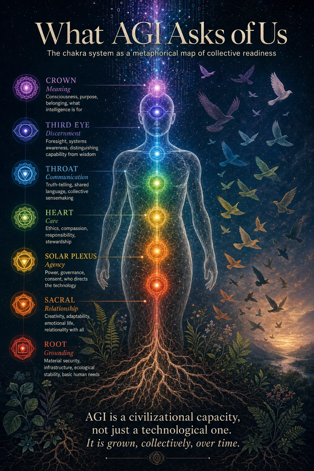 A poster on a deep night sky titled What AGI Asks of Us: the chakra system as a metaphorical map of collective readiness. A translucent human figure stands at the centre, its body a fine network of lines, with seven glowing centres along the spine and roots of light spreading into the soil beneath it. Each centre is named down the left with a capacity and a description. Crown, meaning: consciousness, purpose, belonging, what intelligence is for. Third eye, discernment: foresight, systems awareness, distinguishing capability from wisdom. Throat, communication: truth-telling, shared language, collective sensemaking. Heart, care: ethics, compassion, responsibility, stewardship. Solar plexus, agency: power, governance, consent, who directs the technology. Sacral, relationship: creativity, adaptability, emotional life, relationality with all. Root, grounding: material security, infrastructure, ecological stability, basic human needs. Birds rise on the right in the colours of the seven centres, over a river valley at sunrise, and ferns and wildflowers grow at the soil line. At the foot: AGI is a civilizational capacity, not just a technological one. It is grown, collectively, over time.