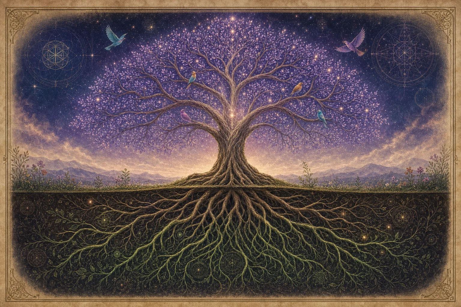 A wide illustration on aged parchment. A great tree stands at the centre with a violet, star-filled sky in its canopy and songbirds among the leaves, while below the horizon line an equally large root system spreads through dark soil, threaded with faint geometric patterns. Mountains and wildflowers sit at the soil line, and the whole scene is framed like an old plate in a book.