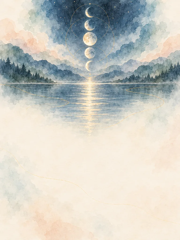 Moon phases descending over still water, in watercolor