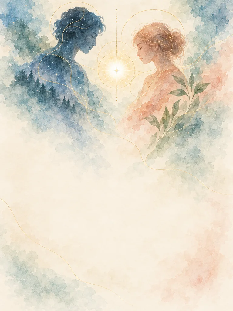 Two watercolor figures, heads bowed, with a soft light between them