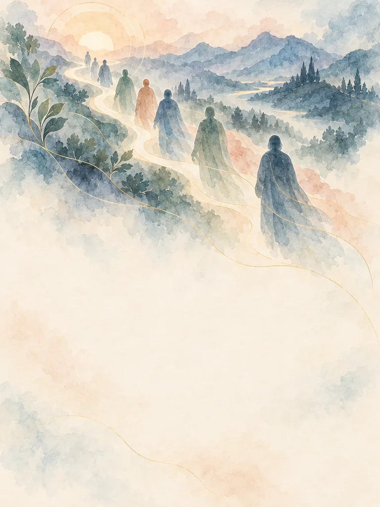 Soft watercolor figures walking down a winding path toward the viewer