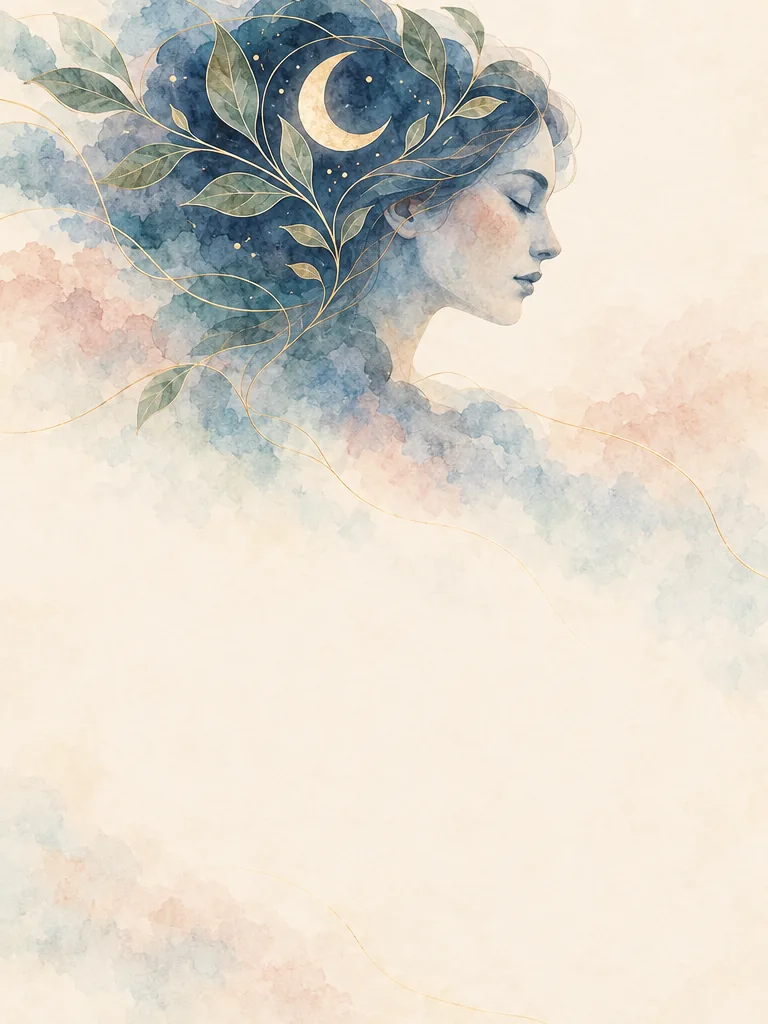 A woman’s profile in watercolor, eyes closed, leaves and a crescent moon in her hair