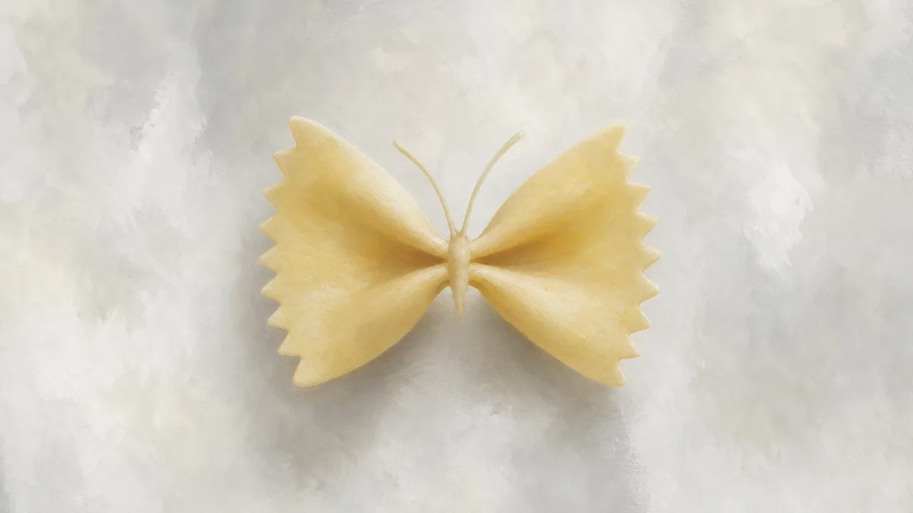 A soft digital painting of a single piece of farfalle pasta on a pale, mottled grey background. Its pinched centre and ruffled wings make it look like a butterfly, with two slender antennae rising from the middle.