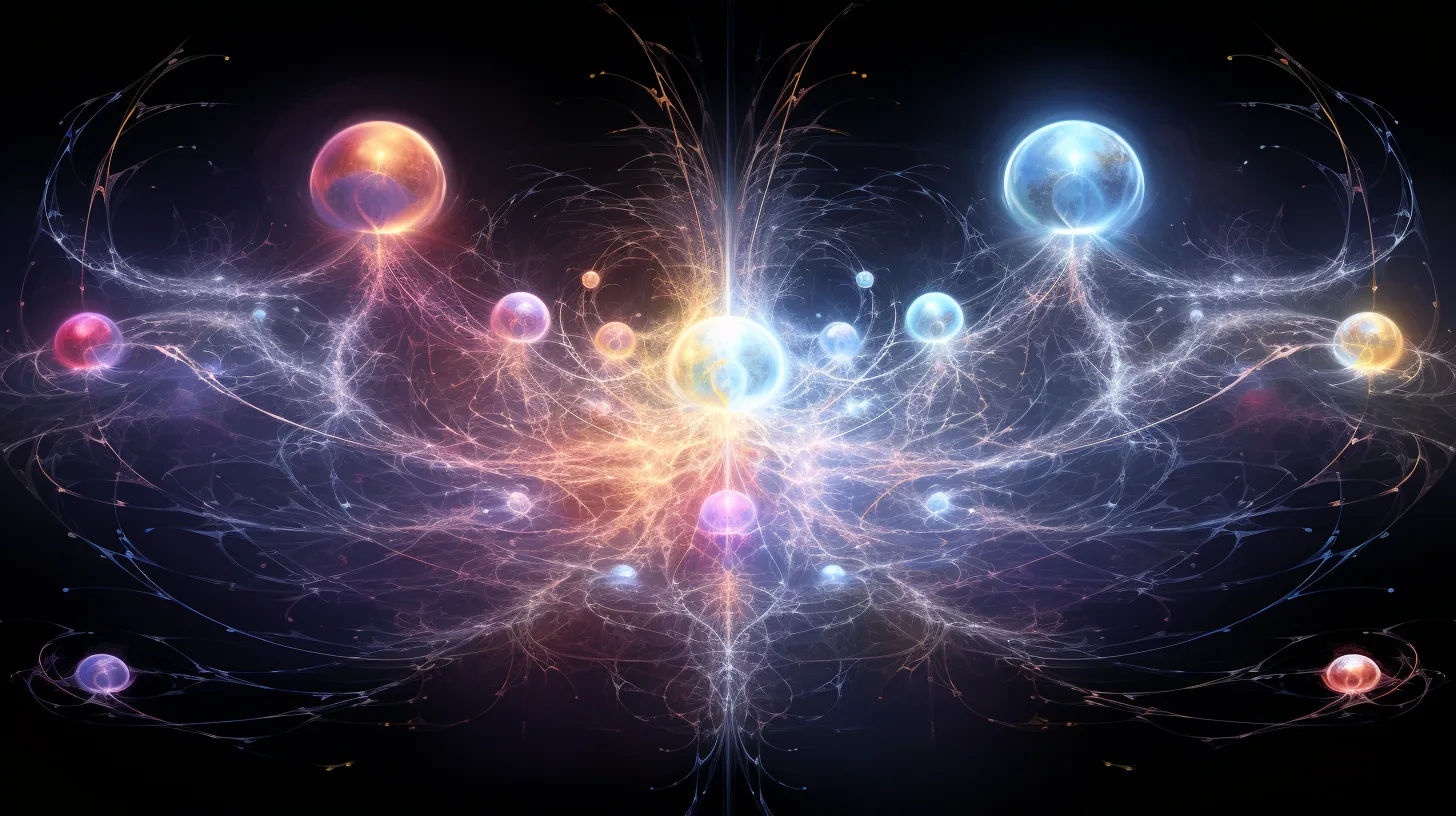 A symmetrical spray of fine luminous filaments across a dark field, with glowing spheres in blue, gold and rose suspended along the strands.