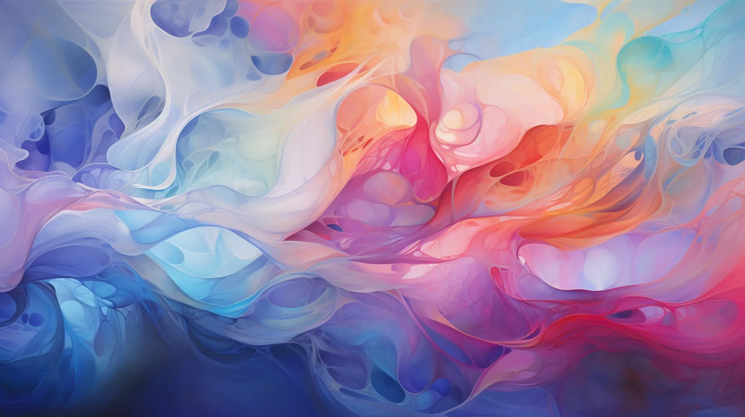 Marbled translucent veils of colour folding over one another, cool blues and whites on the left giving way to coral, rose and gold on the right.