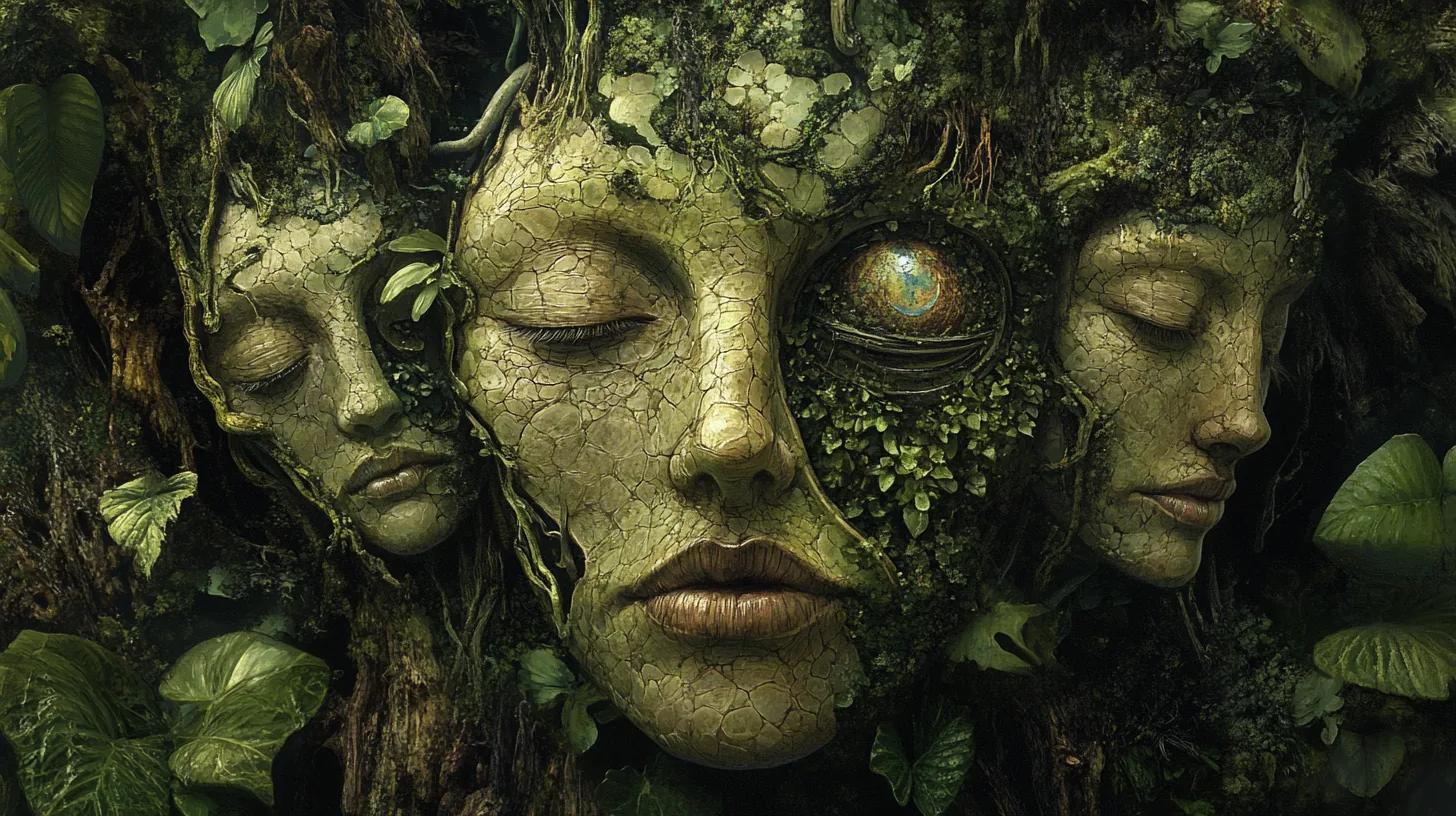 Three large stone-and-moss faces with closed eyes, set into a dense green forest of roots and leaves, a small planet-like orb between them.