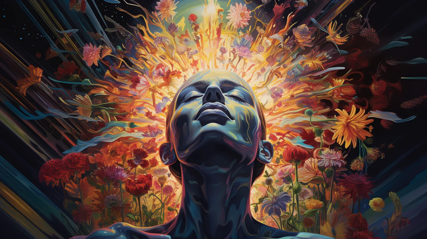 A figure with head tilted back and eyes closed, an enormous burst of flowers and light streaming upward and outward from where a head would be.