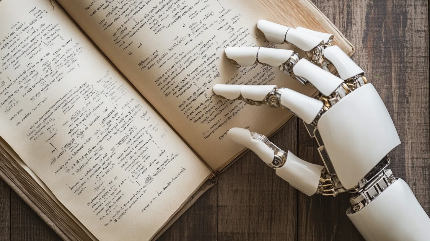 A white robotic hand resting on the open pages of an old book covered in dense handwritten script, on a dark wooden table.