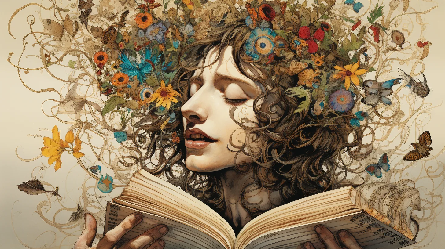 An illustration of a woman reading an open book with her eyes closed, her hair opening into flowers, leaves, butterflies and birds that spill across the page.