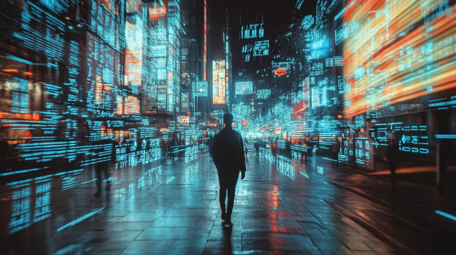 A lone figure walking down a wet night street, the buildings on either side dissolving into streaming blue and orange columns of data.