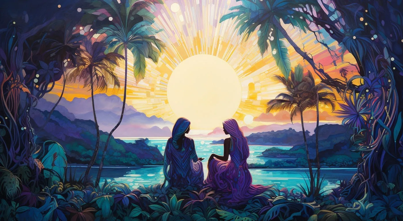 Two seated figures in patterned robes facing each other on a headland at sunrise, palms and foliage around them and a huge pale sun over the water.