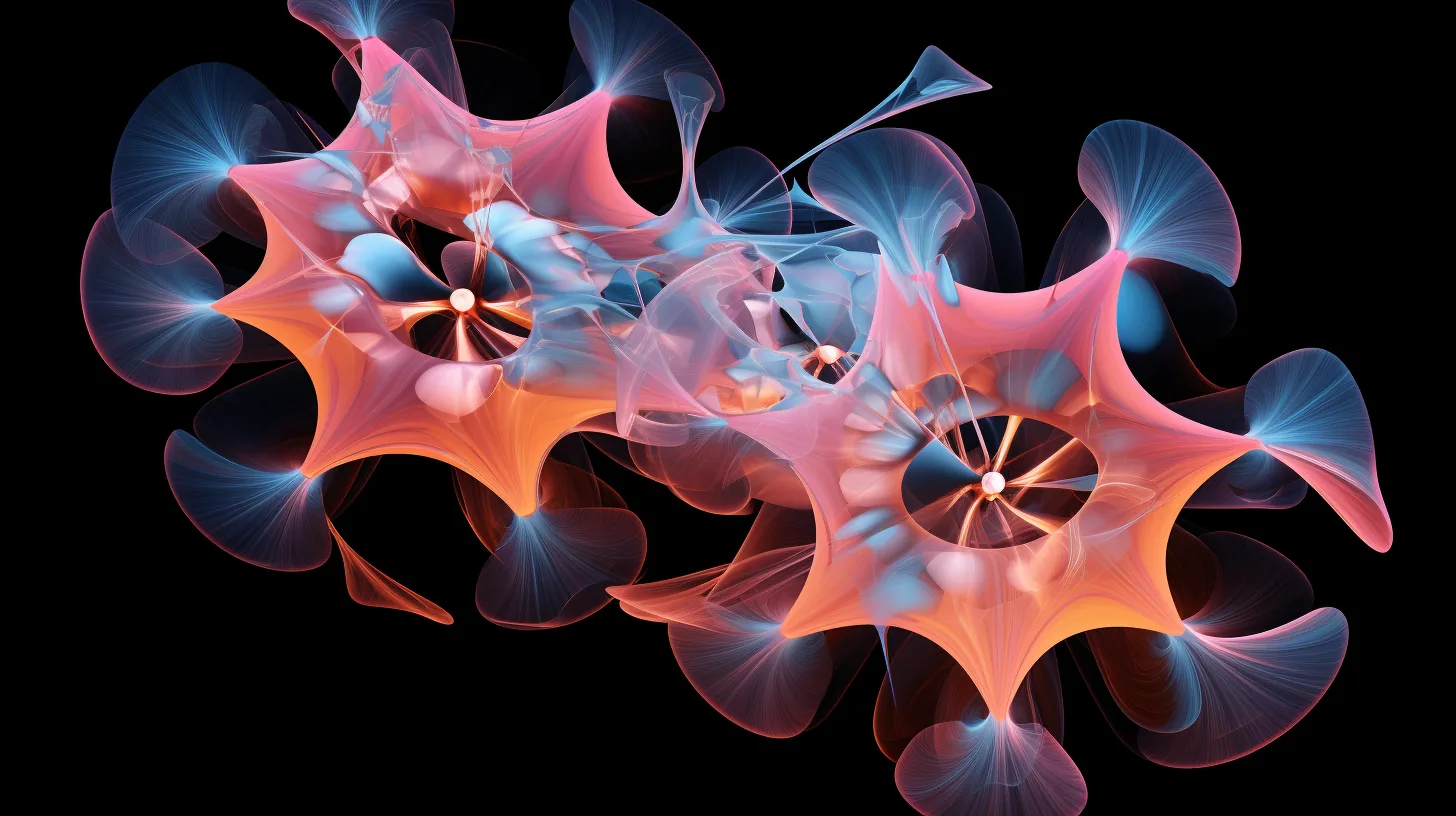 Two interlocking translucent forms in coral and blue against black, their edges fanning into fine filaments where they overlap.